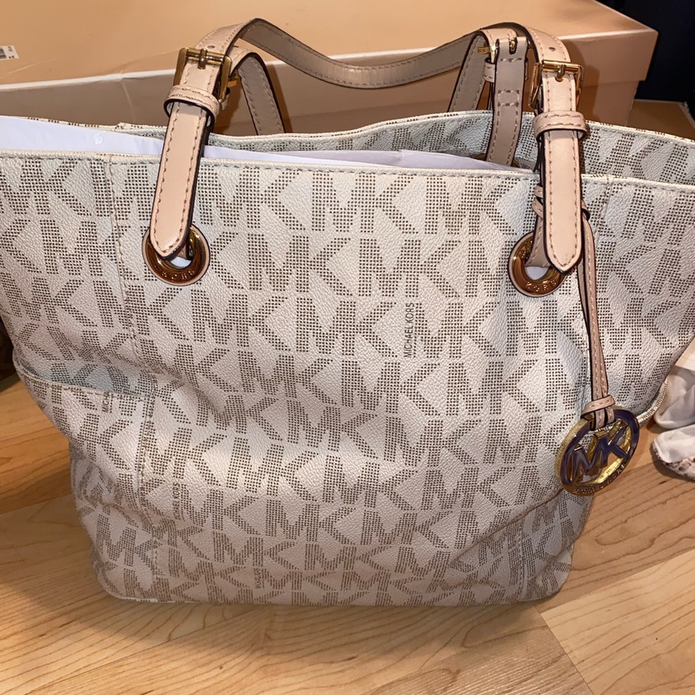 Micheal Kors white and tan MK print tote bag